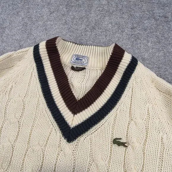 VTG IZOD Lacoste Sweater Mens Large White Cable Knit V Neck Tennis Pullover 80s